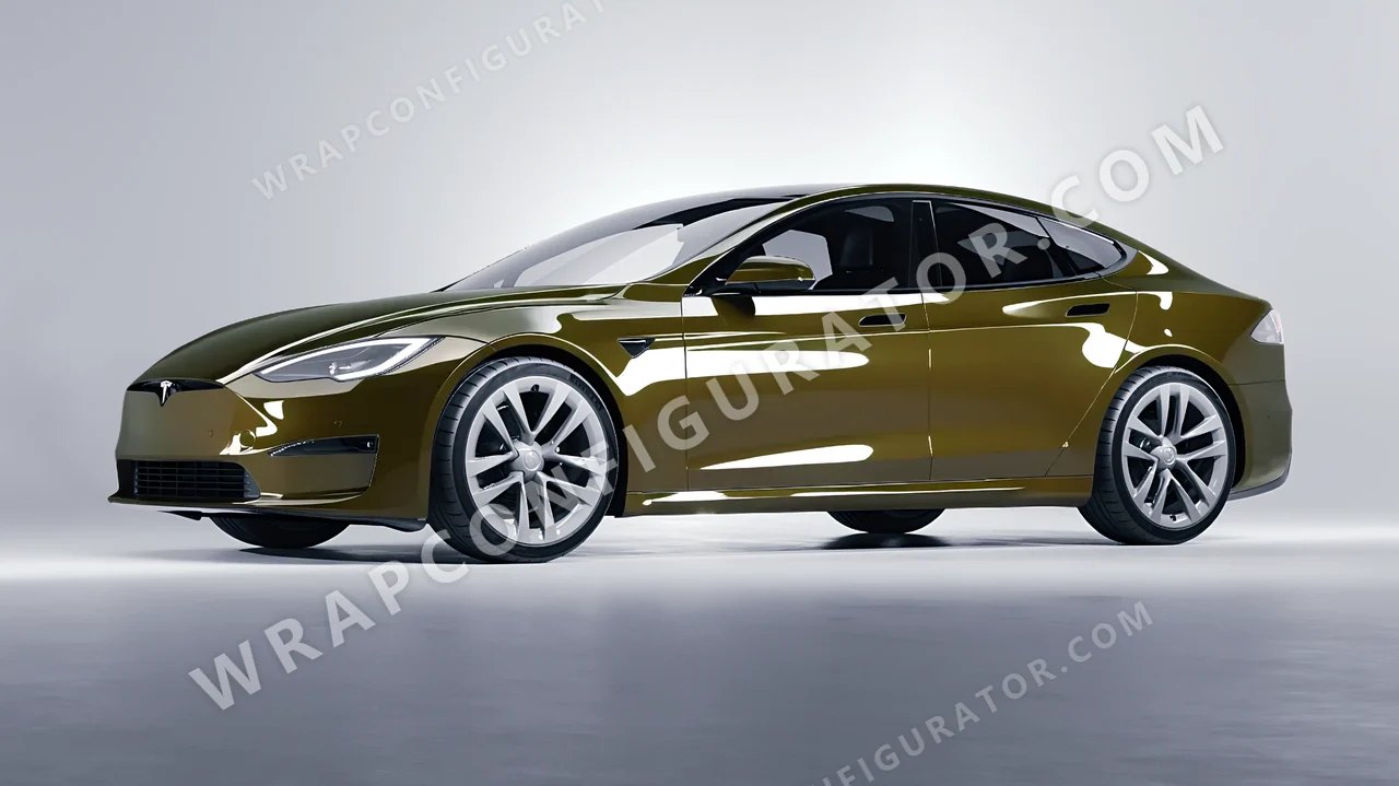Green Tesla Model S 2013 wrapped in Inozetek Dynamic PPF Army Green DPPF933