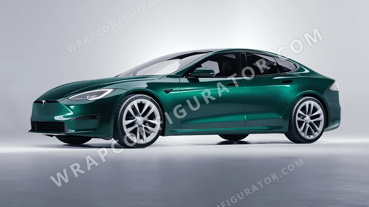 Green Tesla Model S 2013 wrapped in Inozetek Dynamic PPF Emerald Green DPPF902