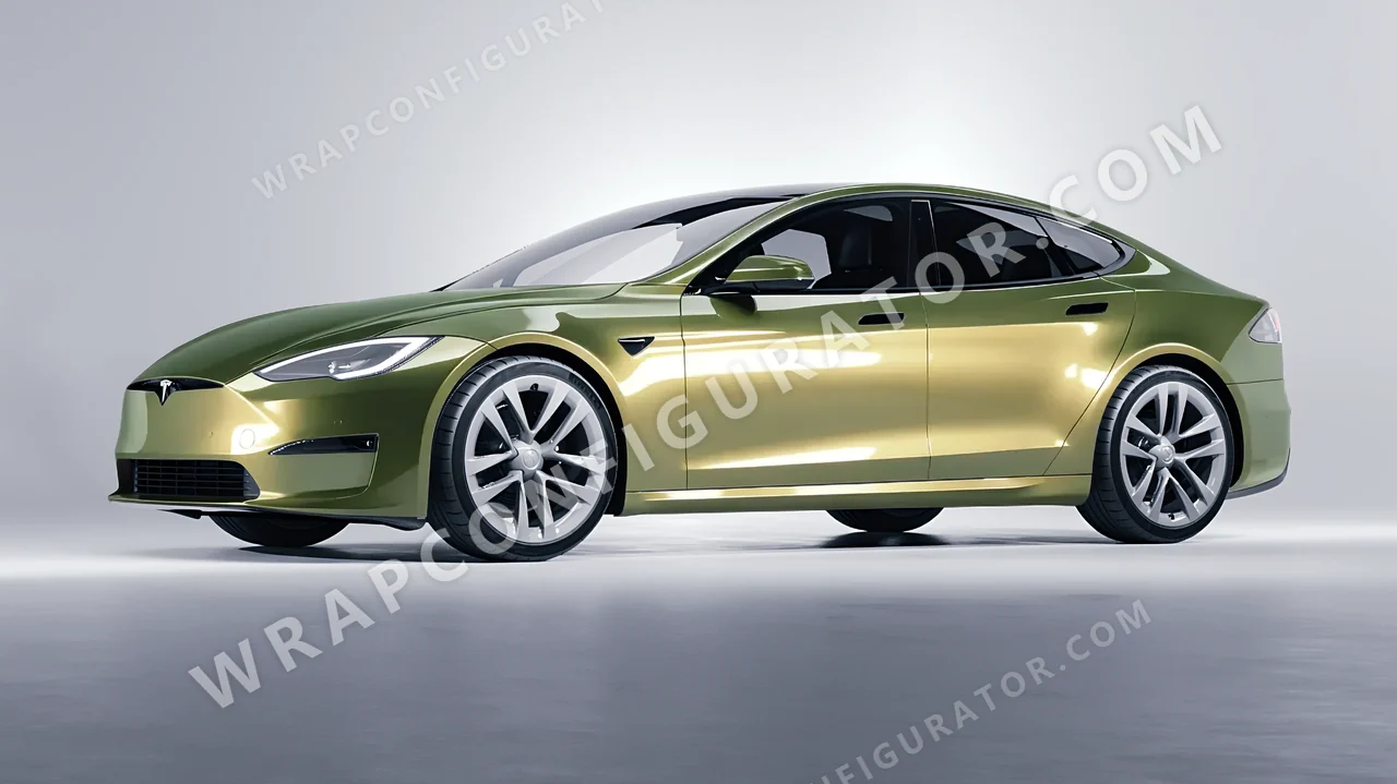 Green Tesla Model S 2013 wrapped in Inozetek Dynamic PPF Golden Green DPPF929