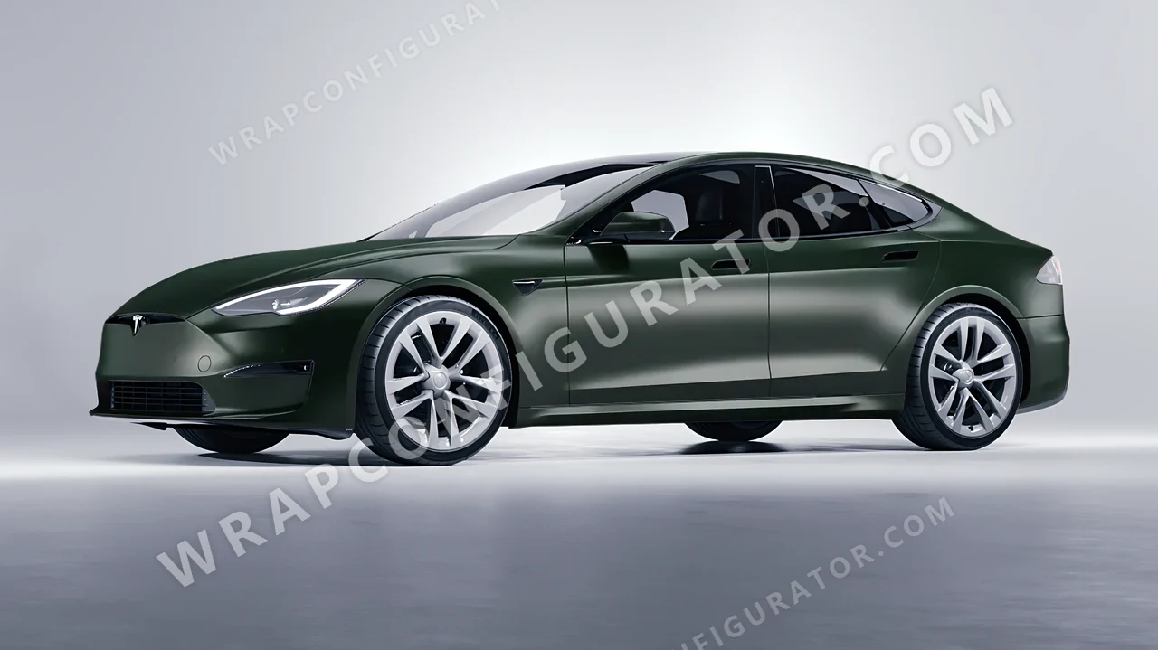 Green Tesla Model S 2013 wrapped in Inozetek Dynamic PPF Midnight Moss DPPF804