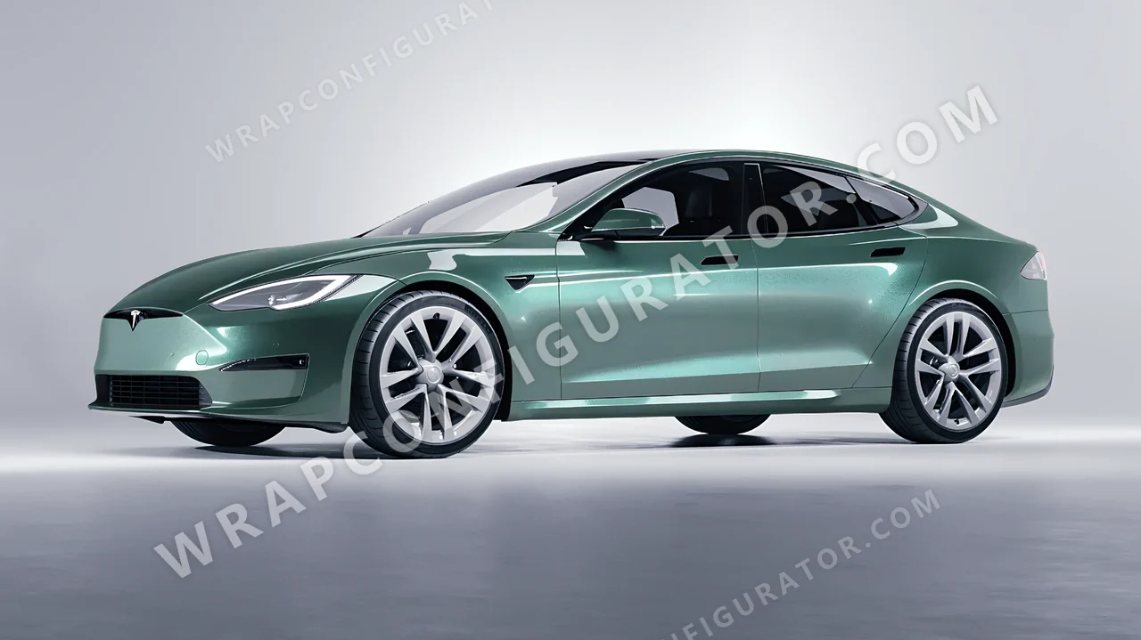 Green Tesla Model S 2013 wrapped in Inozetek Dynamic PPF Sage Green DPPF710