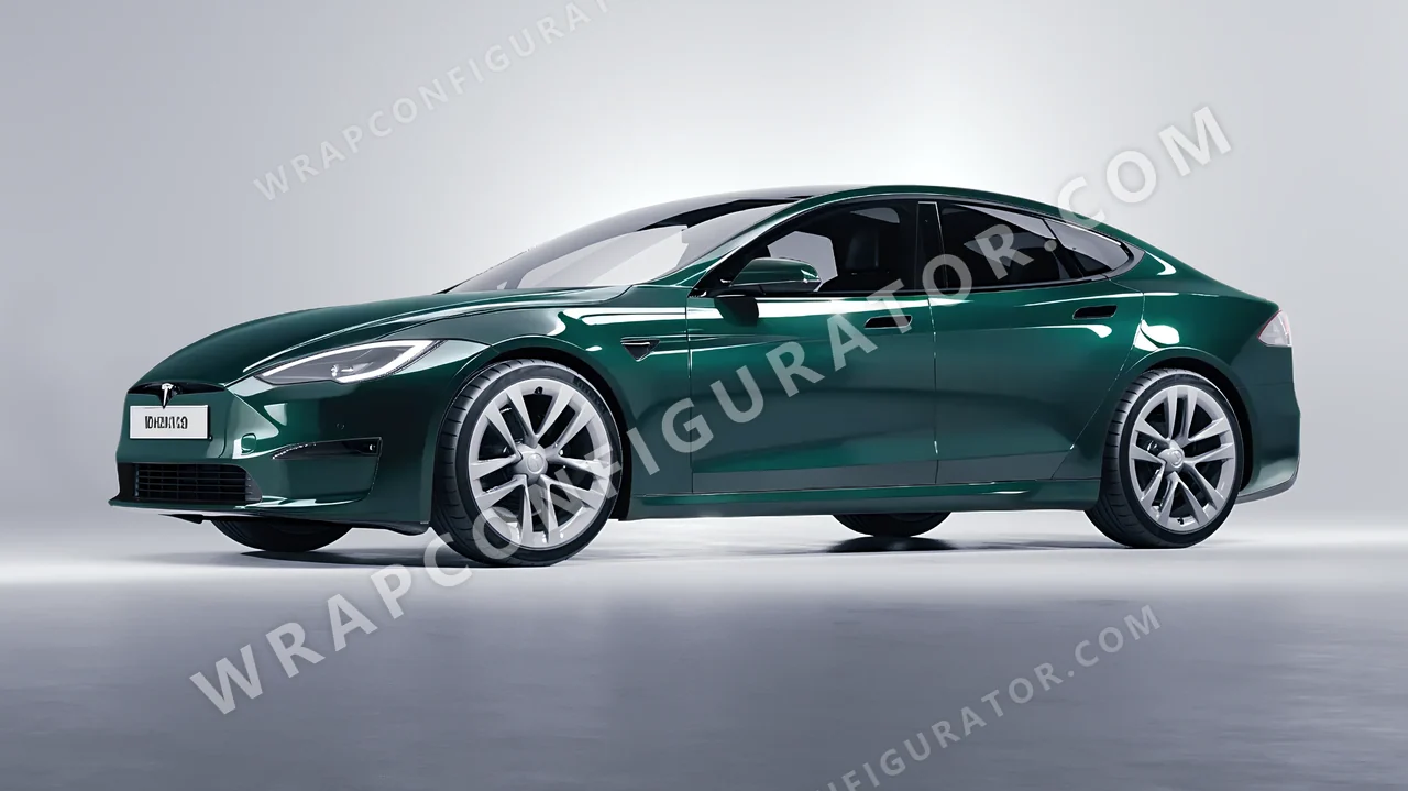Green Tesla Model S 2013 wrapped in Inozetek Dynamic PPF Shadow Green DPPF911