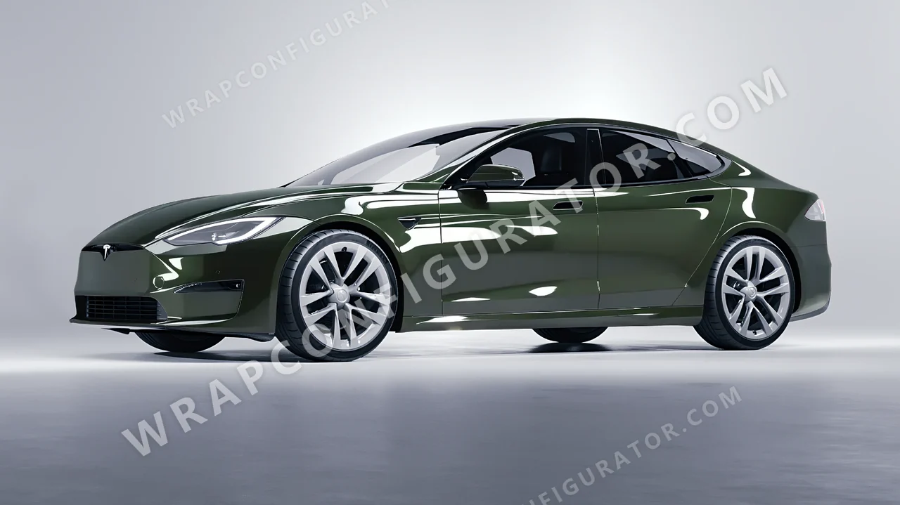 Green Tesla Model S 2013 wrapped in Inozetek Dynamic PPF Student Driver Olive SD103