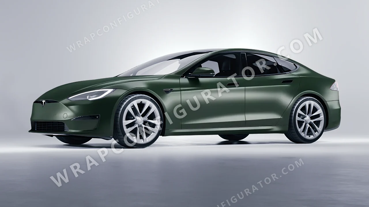 Green Tesla Model S 2013 wrapped in Inozetek Dynamic PPF Urban British Green URBN101