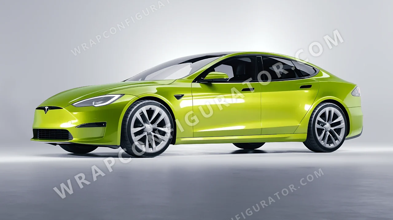 Green Tesla Model S 2013 wrapped in KPMF Dynamic Lime K75454