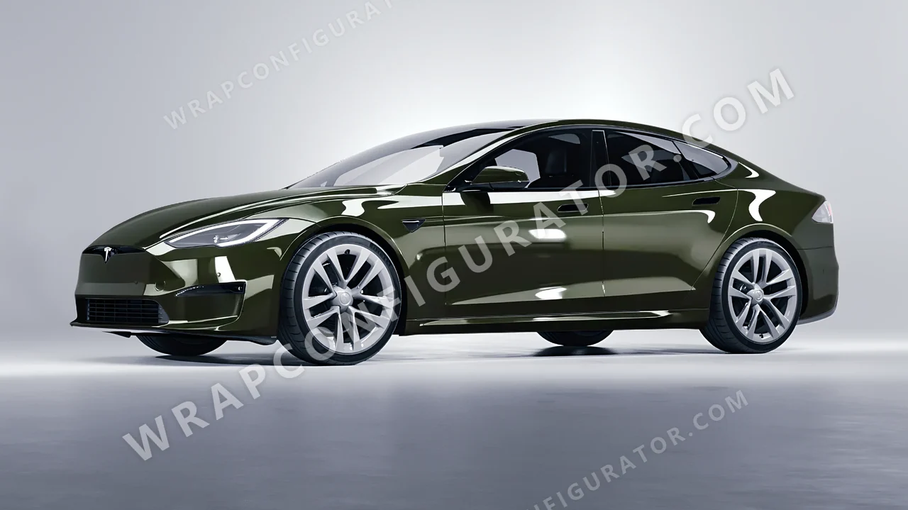 Green Tesla Model S 2013 wrapped in ORACAL Bottle Green 970RA-286G
