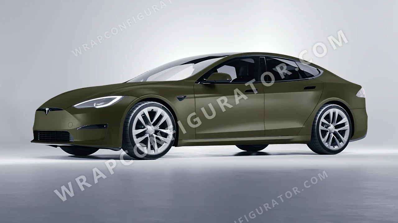 Green Tesla Model S 2013 wrapped in ORACAL Nato Olive 970RA-285M