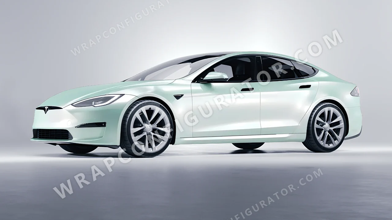 Green Tesla Model S 2013 wrapped in ORACAL Pearl Green 970RA-992G