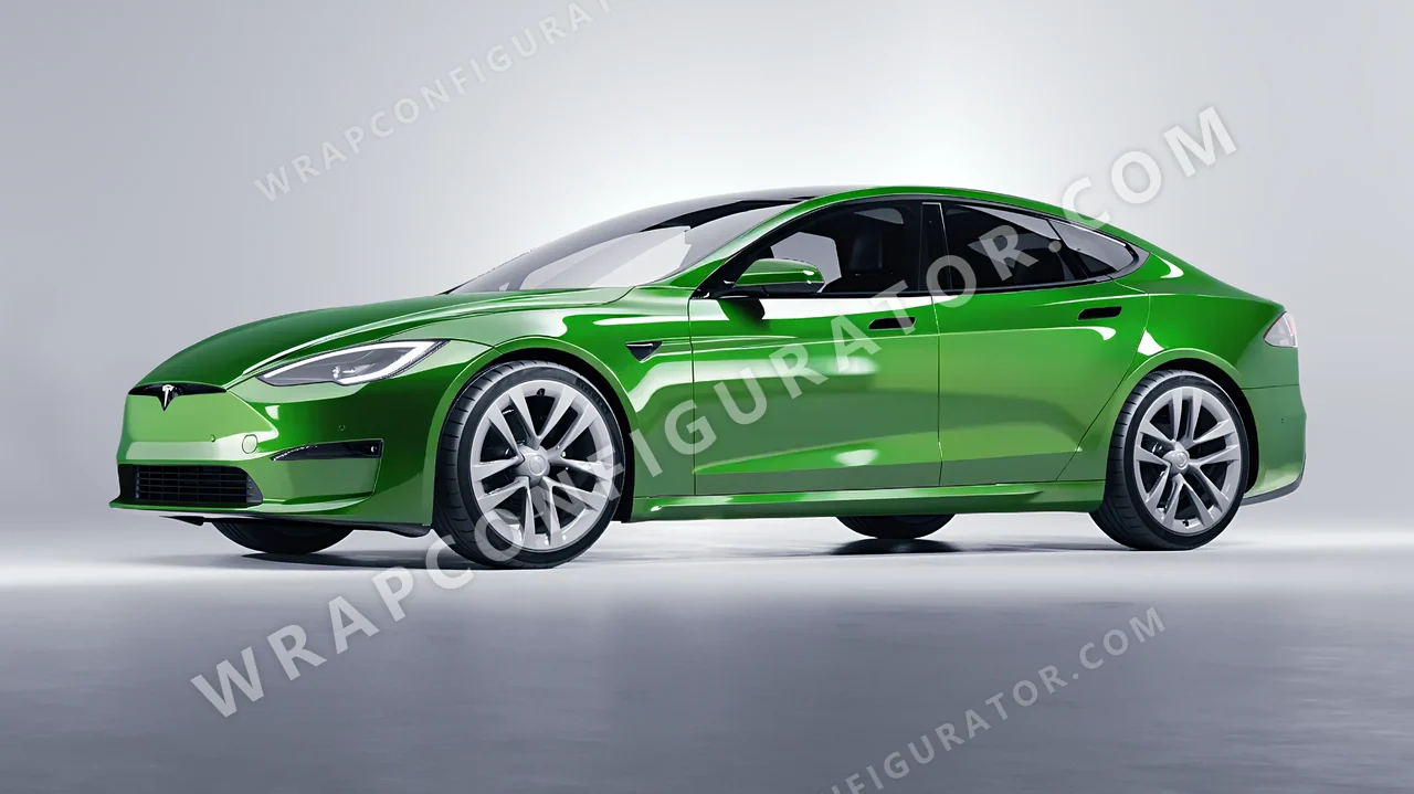 Green Tesla Model S 2013 wrapped in ORACAL Tree Green 970RA-486G