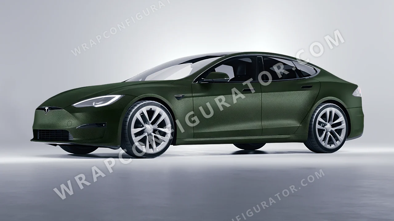 Grey Tesla Model S 2013 wrapped in 3M Shadow Military Green SB26