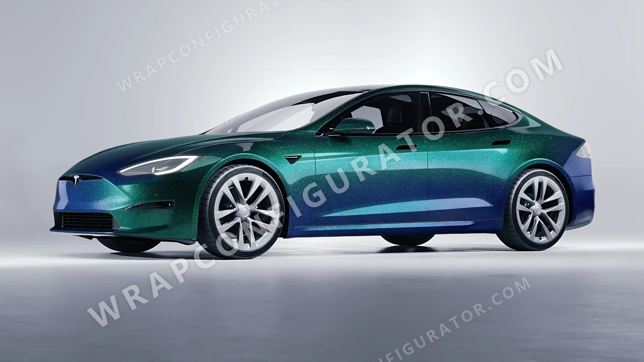 Grey Tesla Model S 2013 wrapped in ORACAL Thunderous Blue Green 970RA-851G