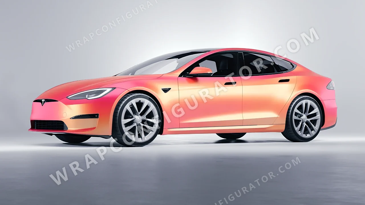 Orange Tesla Model S 2013 wrapped in 3M Electric Coral SP213