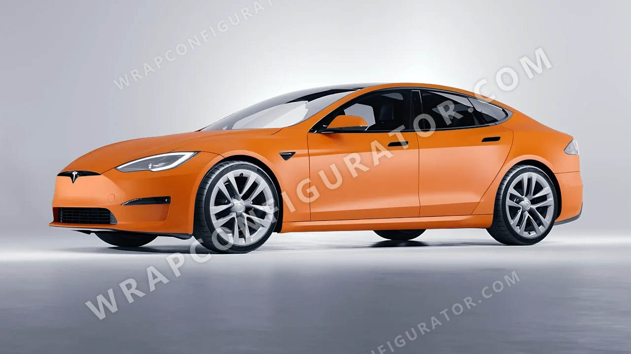 Orange Tesla Model S 2013 wrapped in 3M Matte Orange M54