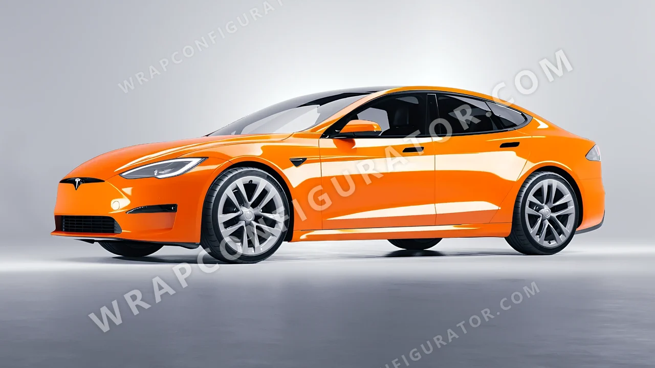 Orange Tesla Model S 2013 wrapped in Colourshield PPF by HyperPro Papaya Orange HGF50-P