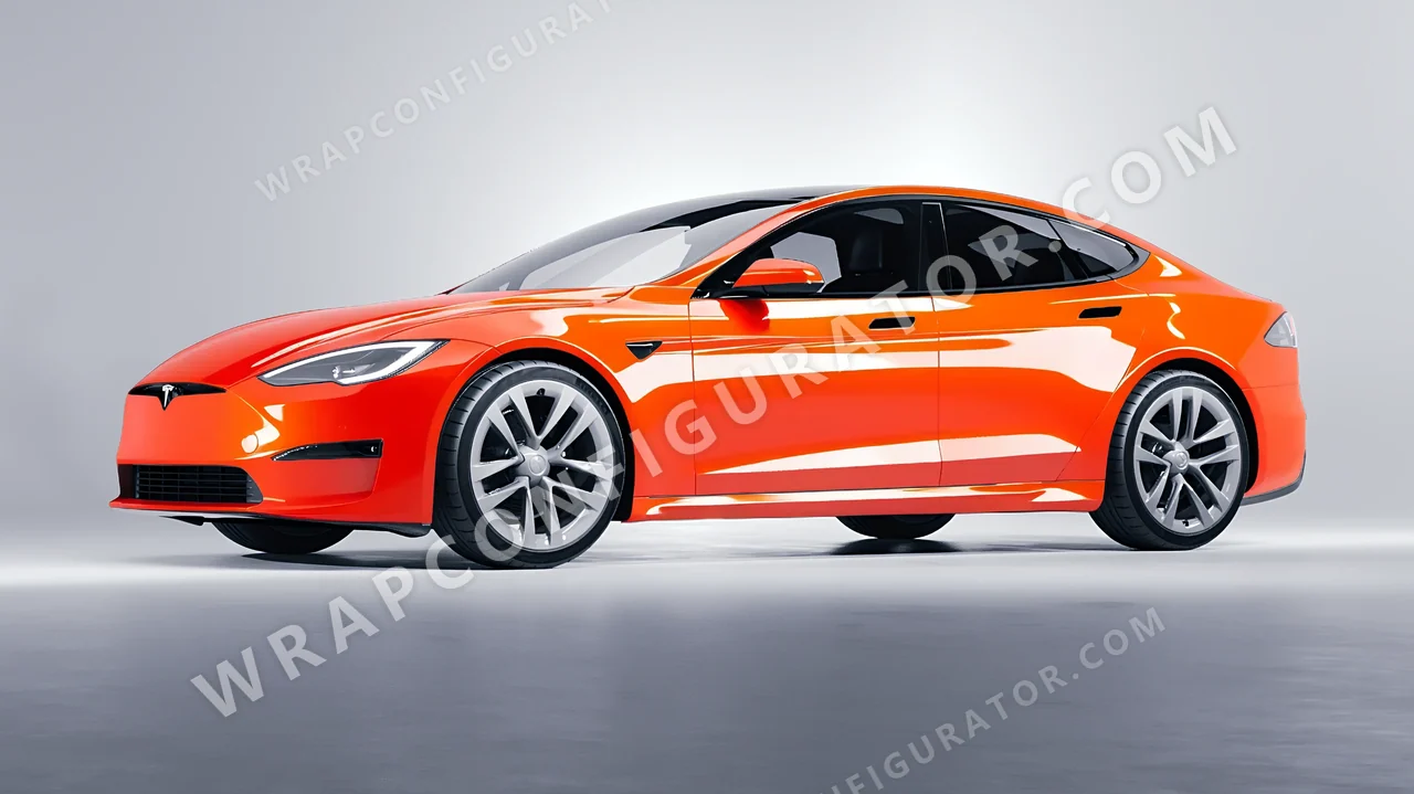 Orange Tesla Model S 2013 wrapped in Inozetek Dynamic PPF Solar Flame DPPF713