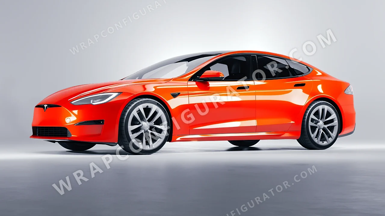 Orange Tesla Model S 2013 wrapped in Inozetek Dynamic PPF Student Driver Sungset Orange SD102