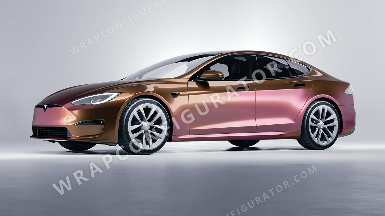 Orange Tesla Model S 2013 wrapped in ORACAL Gloss Aubergine Bronze 970RA-990G