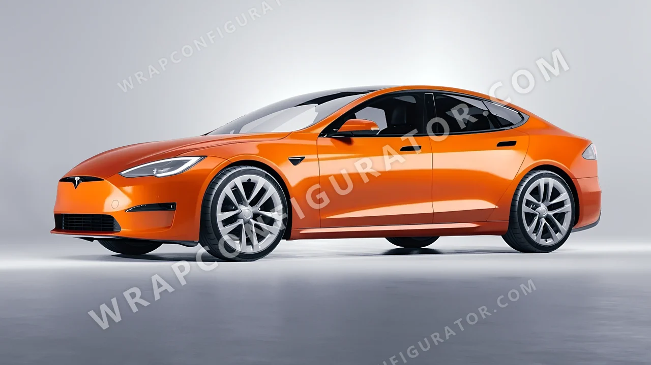 Orange Tesla Model S 2013 wrapped in ORACAL Tangerine Dream 970RA-959G
