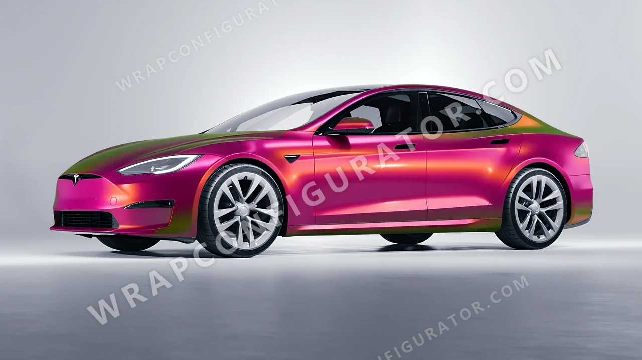 Pink Tesla Model S 2013 wrapped in Colourshield PPF by HyperPro Daybreak Pink GB02-P