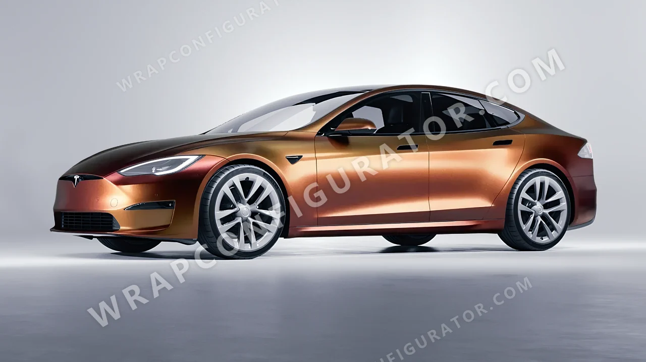 Red Tesla Model S 2013 wrapped in 3M Satin Flip Volcanic Flare SP236