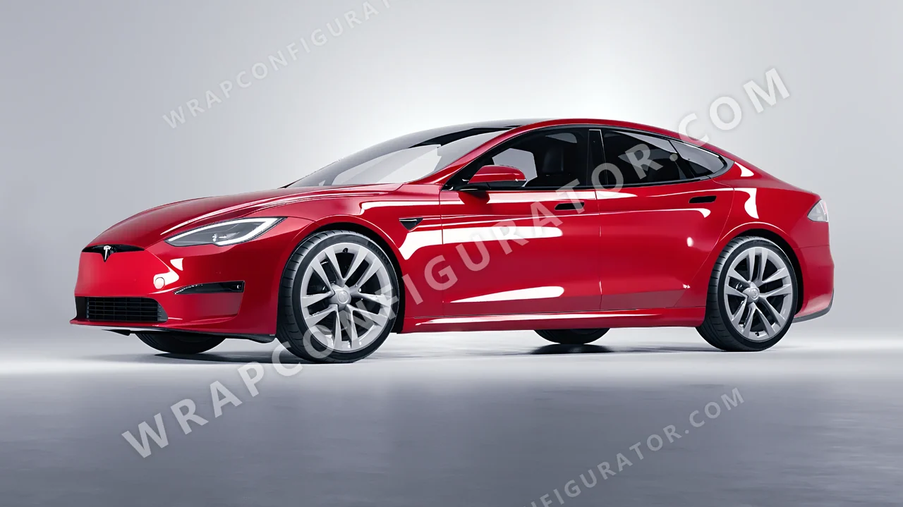 Red Tesla Model S 2013 wrapped in ORACAL Cargo Red 970RA-882G