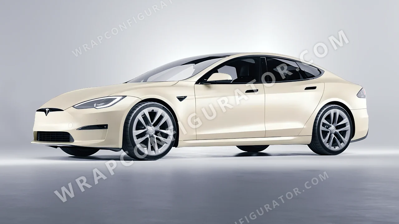 White Tesla Model S 2013 wrapped in 3M Satin Frozen Vanilla SP240
