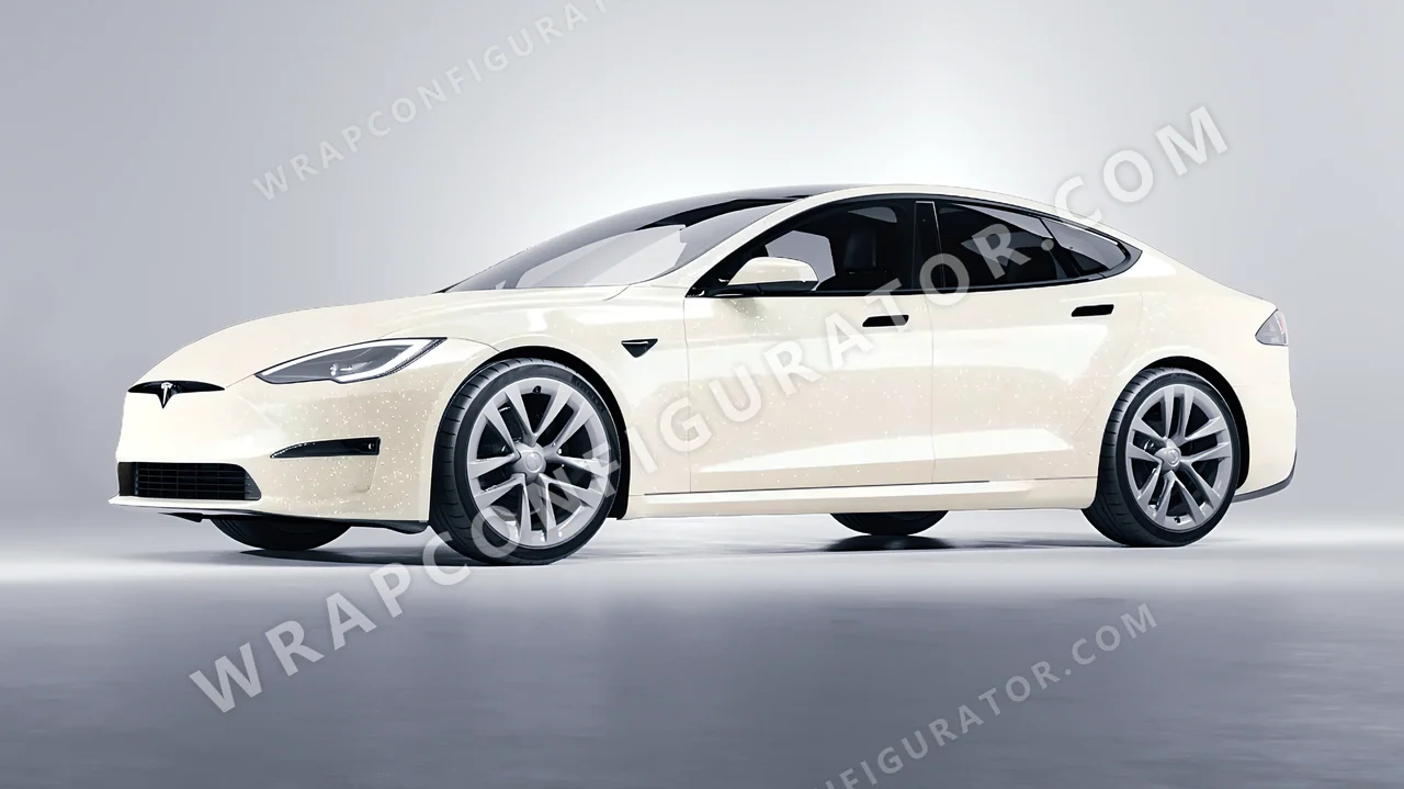 White Tesla Model S 2013 wrapped in ORACAL Nacre 970RA-946G