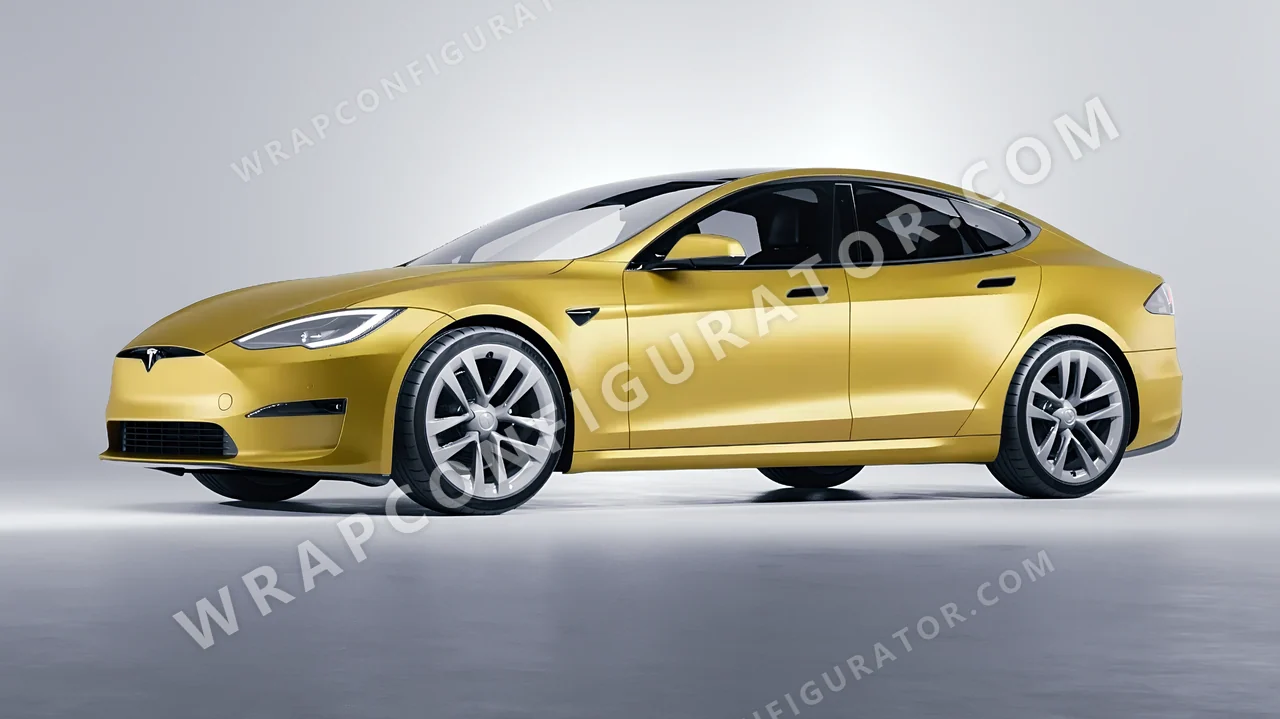 Yellow Tesla Model S 2013 wrapped in 3M Satin Bitter Yellow S335