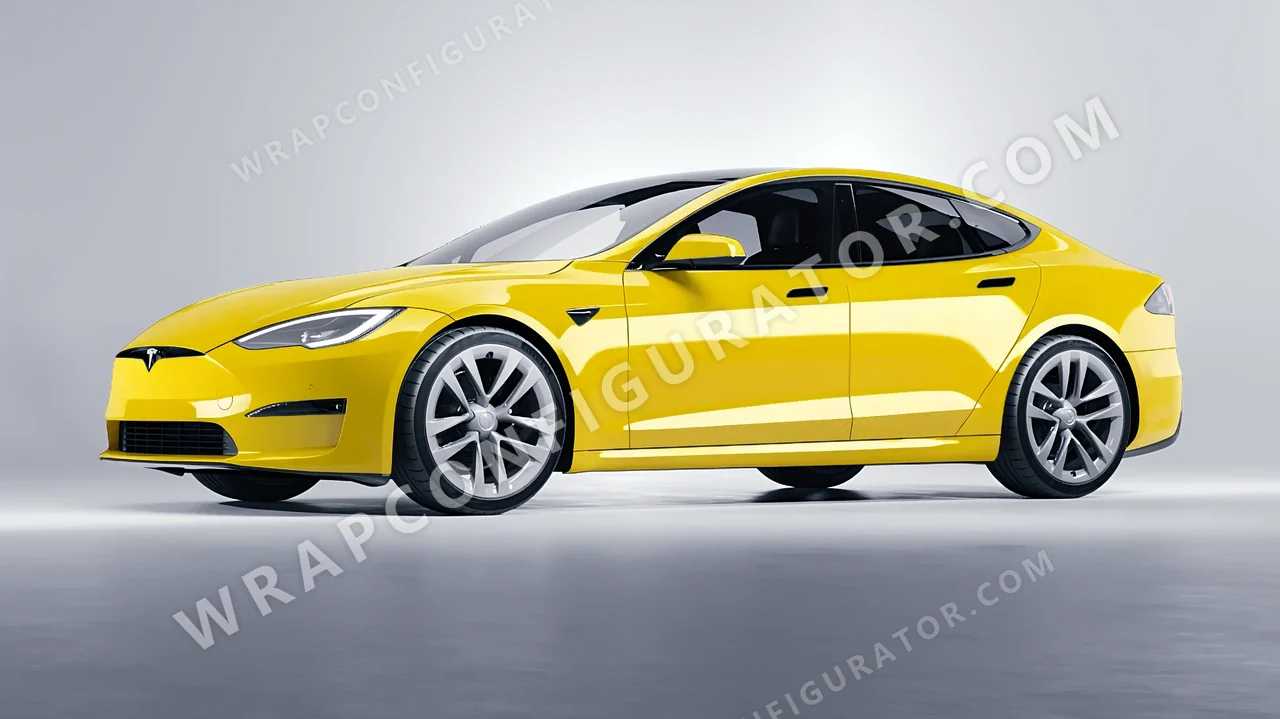 Yellow Tesla Model S 2013 wrapped in Avery Dennison Ambulance Yellow SW900-236-O