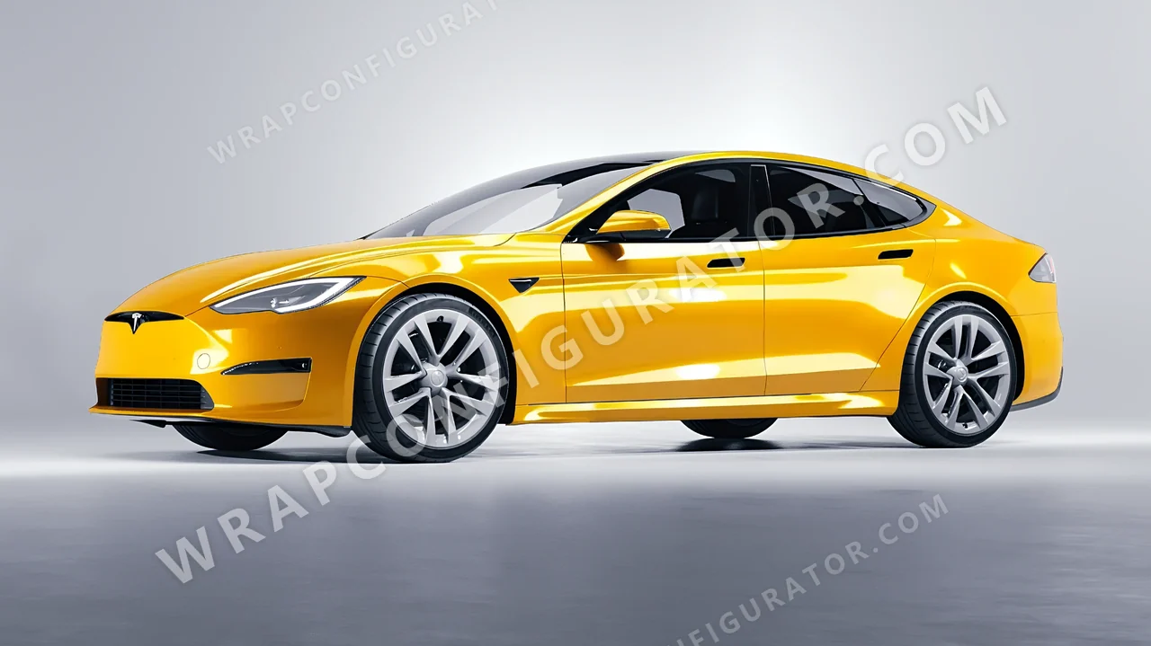 Yellow Tesla Model S 2013 wrapped in Colourshield PPF by HyperPro Dark Yellow HGF14-P