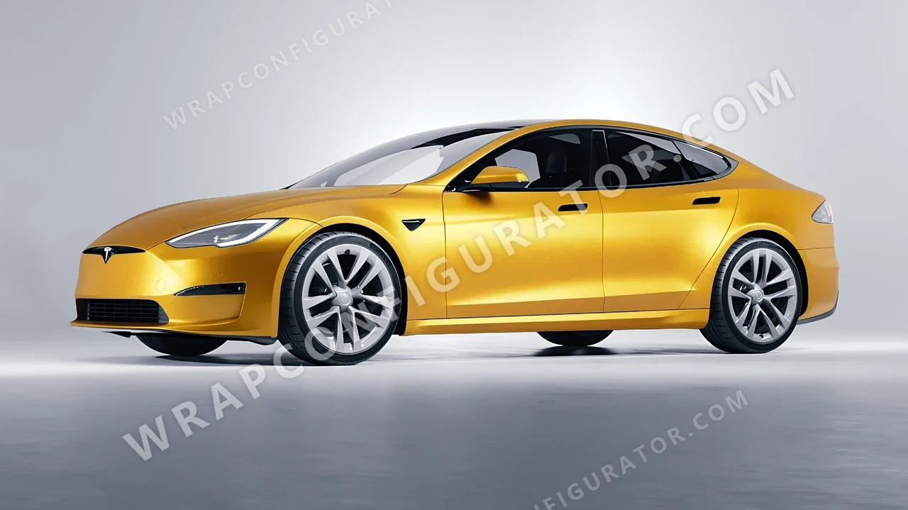 Yellow Tesla Model S 2013 wrapped in KPMF Matt Sonic Yellow K75538