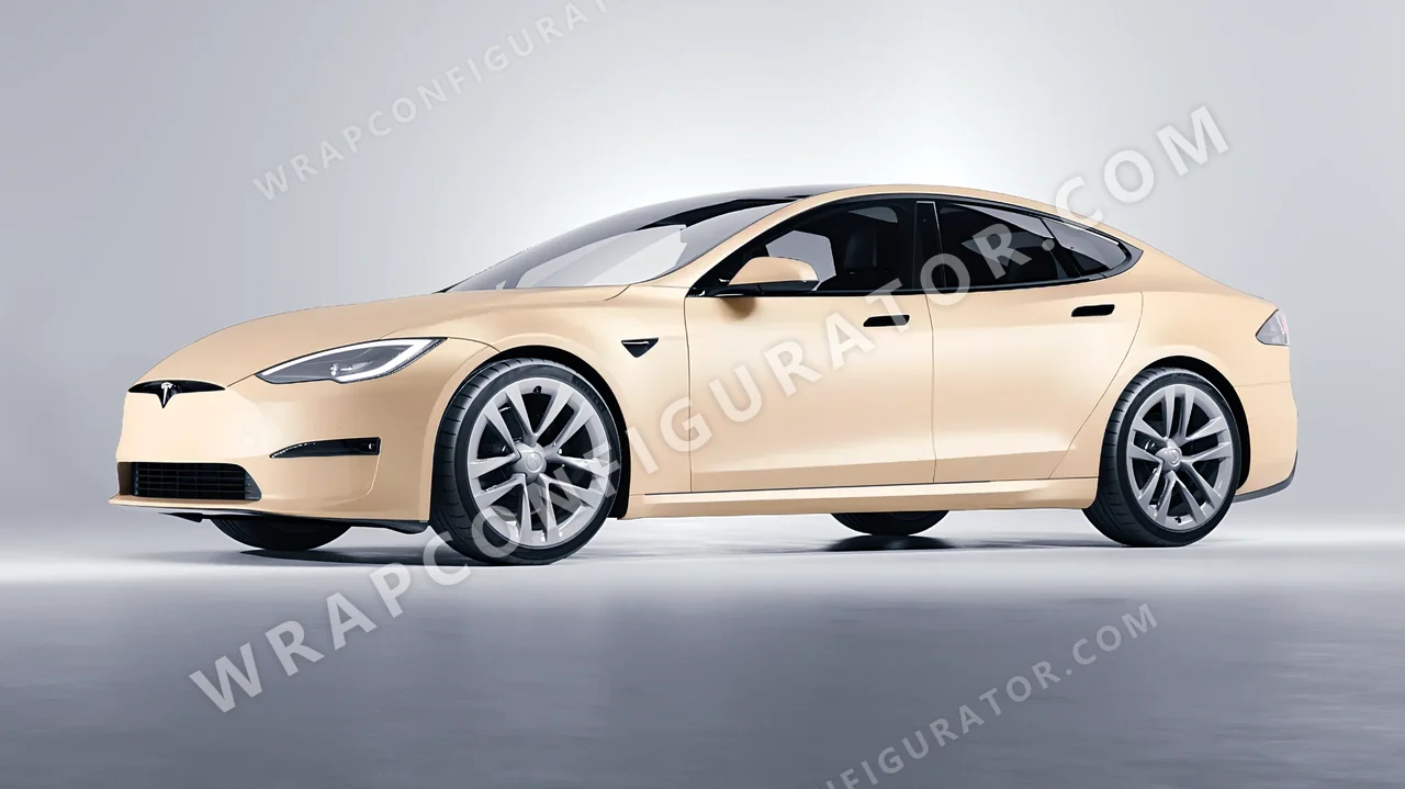 Yellow Tesla Model S 2013 wrapped in ORACAL Champagne Myst 970RA-996M