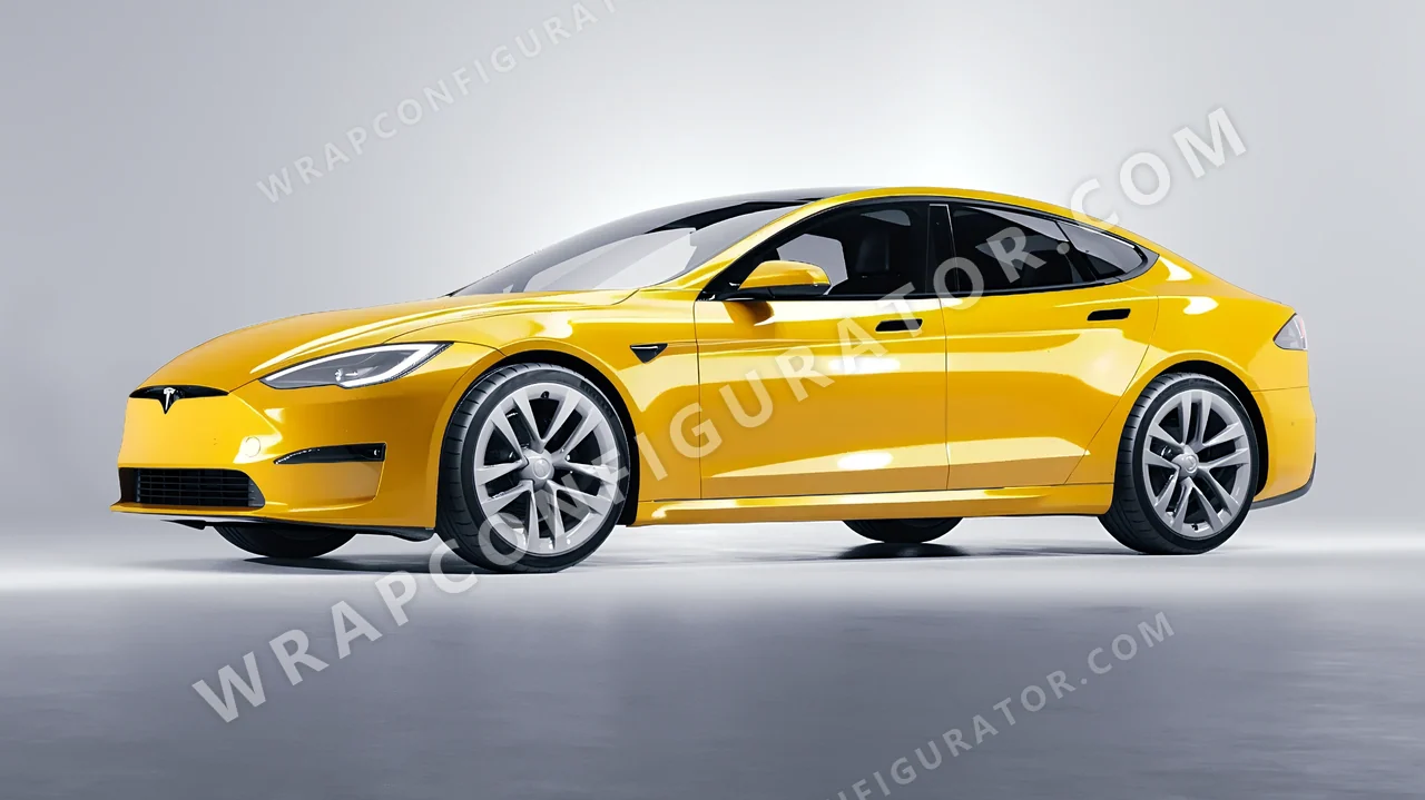 Yellow Tesla Model S 2013 wrapped in ORACAL Post Office Yellow 970RA-208G