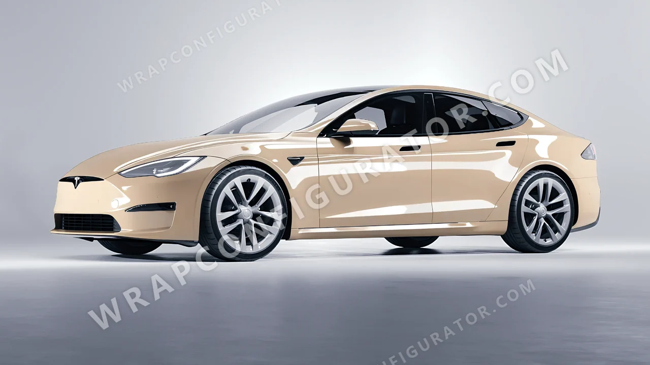 Yellow Tesla Model S 2013 wrapped in ORACAL Taxibeige 970RA-809G