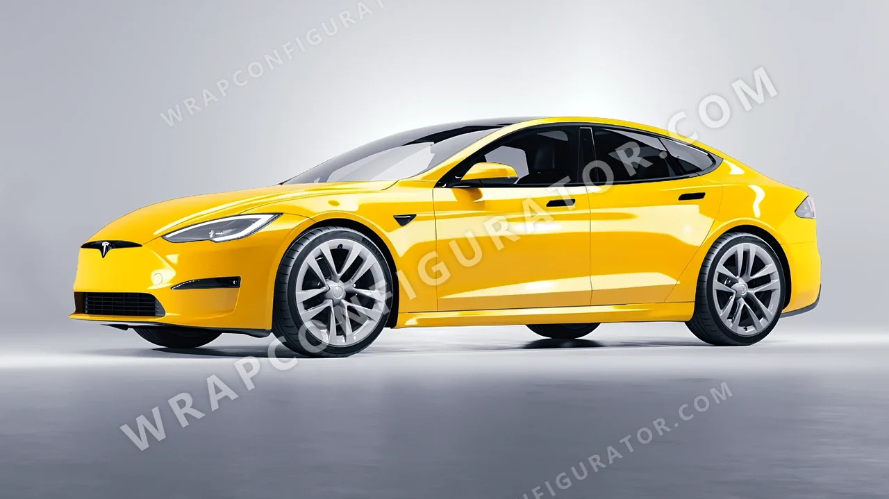 Yellow Tesla Model S 2013 wrapped in ORACAL Traffic Yellow 970RA-216G