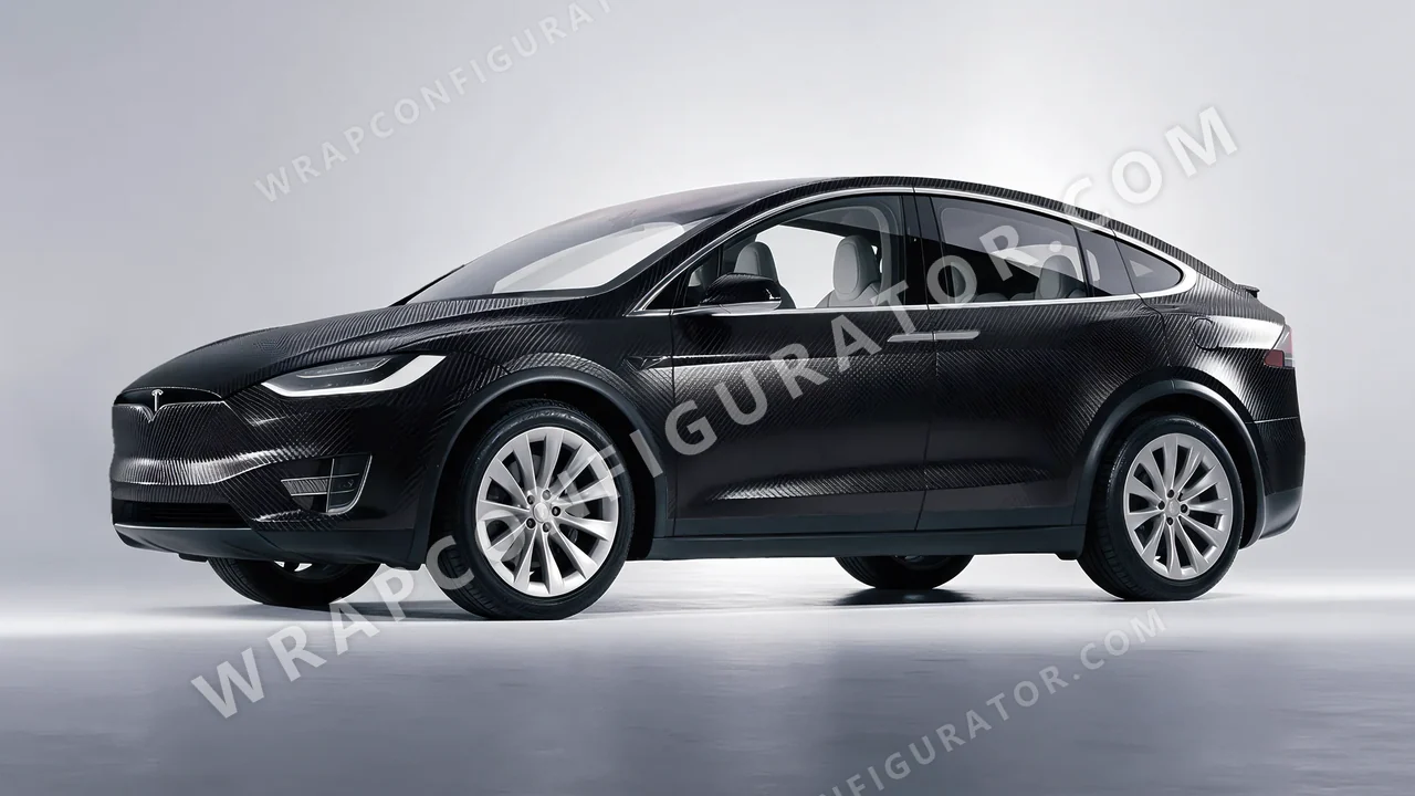 Black Tesla Model X 2017 wrapped in 3M Carbon Fiber Black CFS12