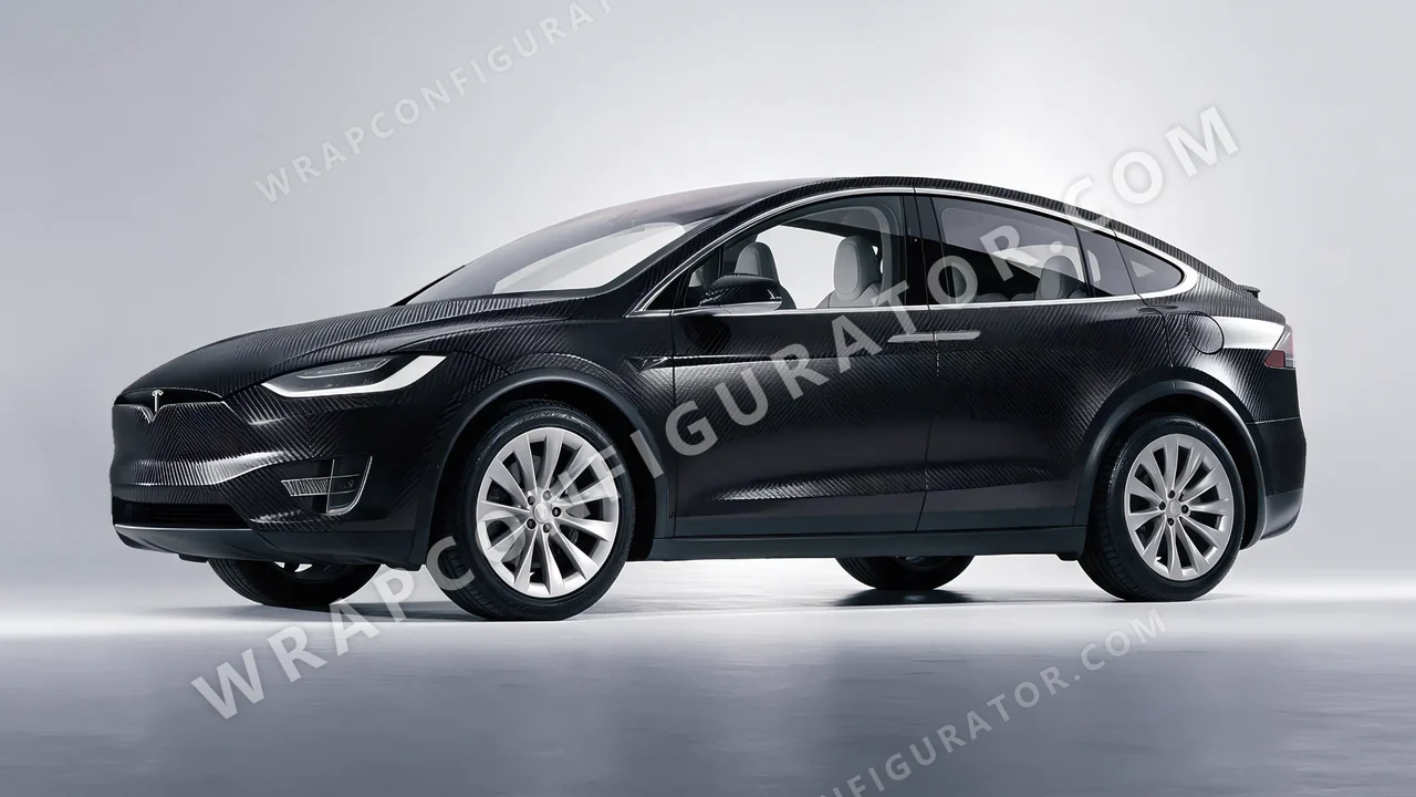 Black Tesla Model X 2017 wrapped in Avery Dennison Carbon Fiber Black SW900-194-X