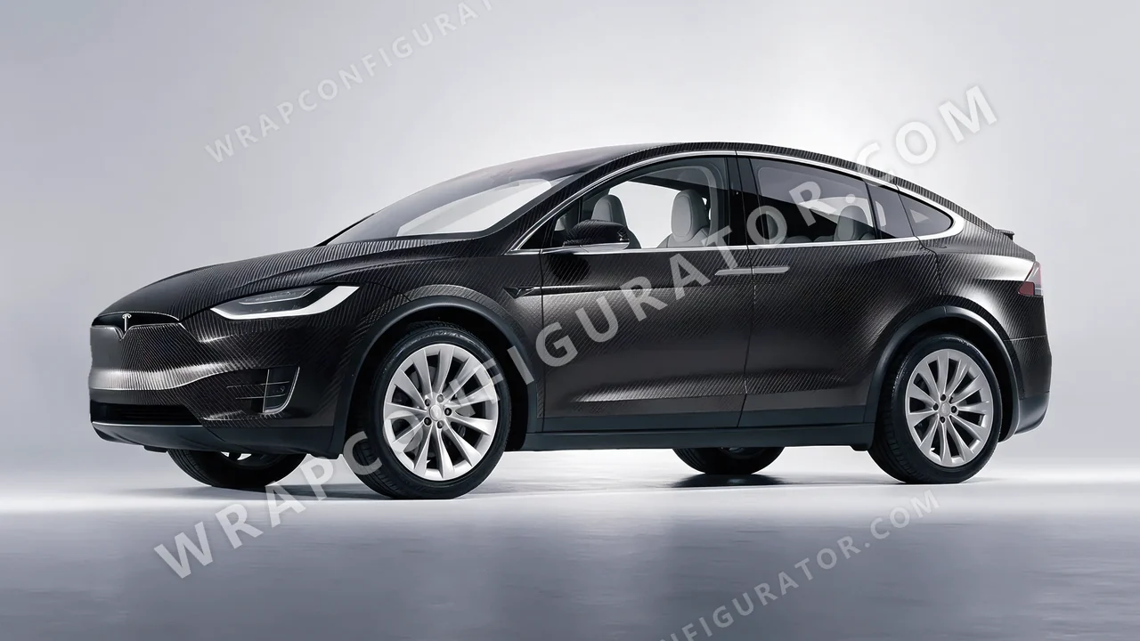 Black Tesla Model X 2017 wrapped in KPMF Black Fibre Vehicle Wrapping System K87021