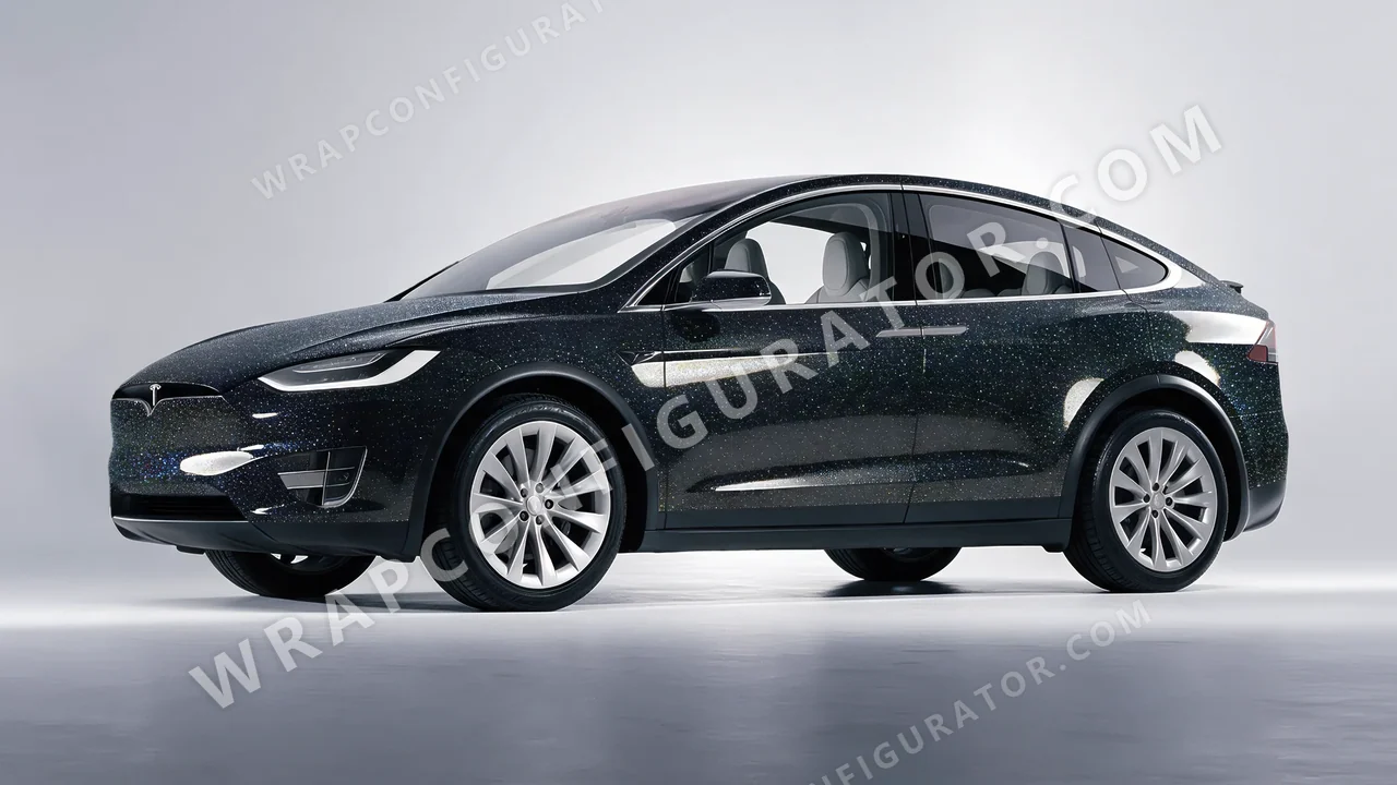 Black Tesla Model X 2017 wrapped in ORACAL Gloss Black Galactic Gold 970RA-905G