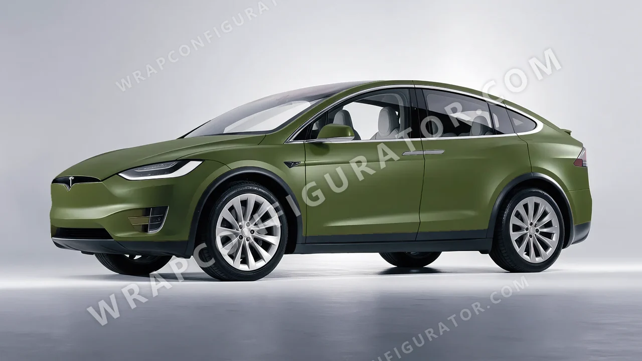 Green Tesla Model X 2017 wrapped in 3M Matte Military Green M26