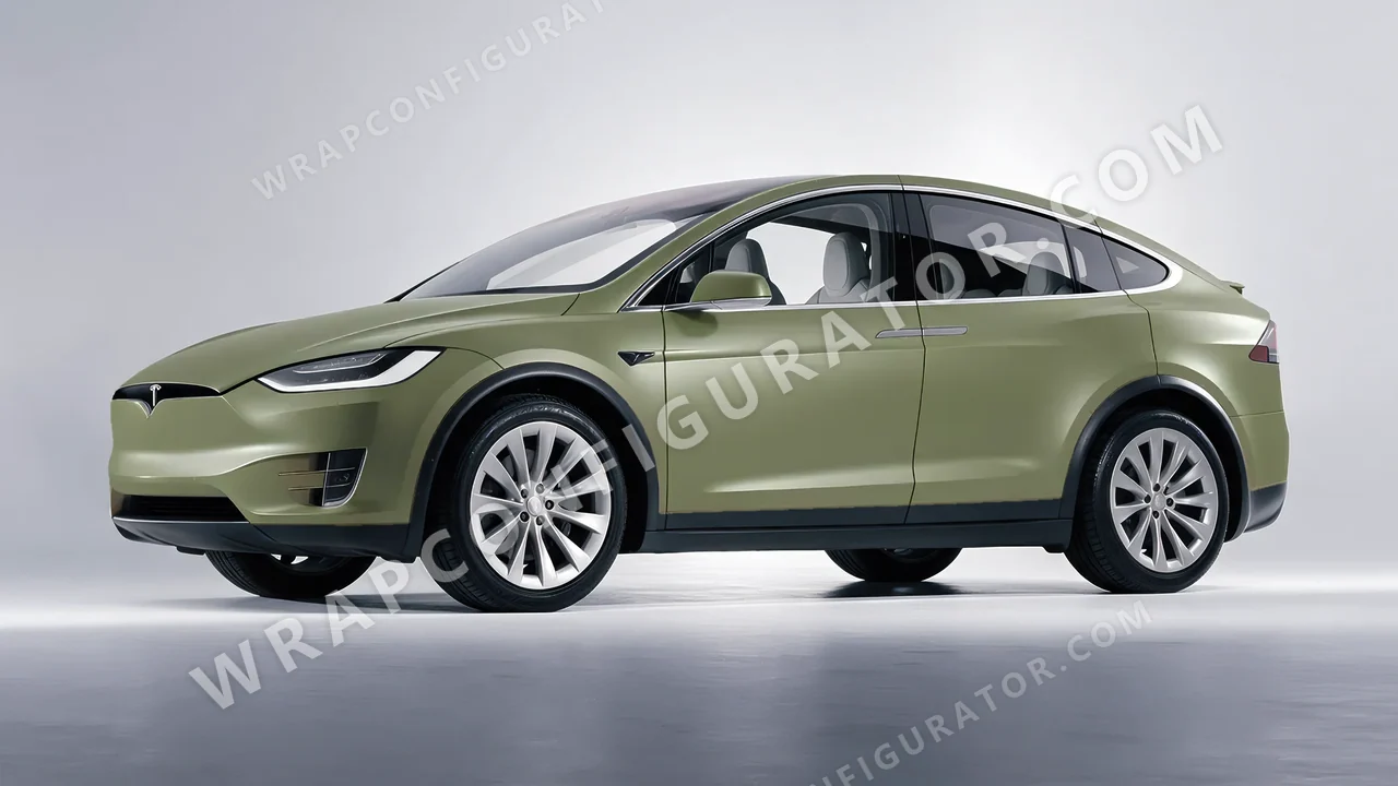 Green Tesla Model X 2017 wrapped in Avery Dennison Khaki Green SW900-711-O