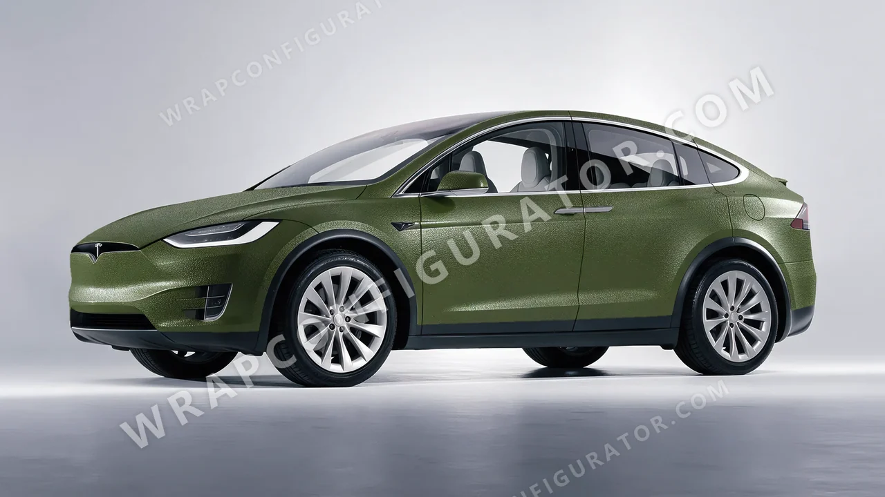 Green Tesla Model X 2017 wrapped in Avery Dennison Rugged Combat Green SW900-718-X