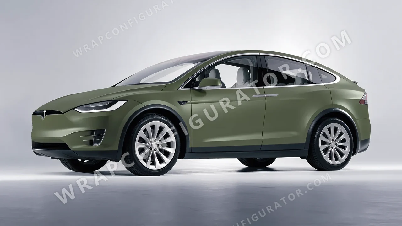 Green Tesla Model X 2017 wrapped in Inozetek Dynamic PPF Army Green DPPF810