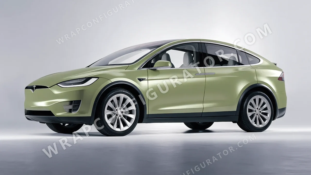 Green Tesla Model X 2017 wrapped in Inozetek Dynamic PPF Khaki Green DPPF812