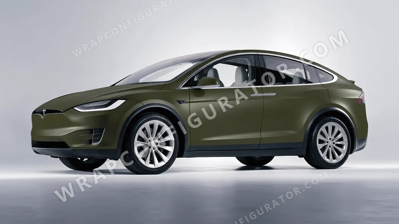 Green Tesla Model X 2017 wrapped in ORACAL Nato Olive 970RA-285M