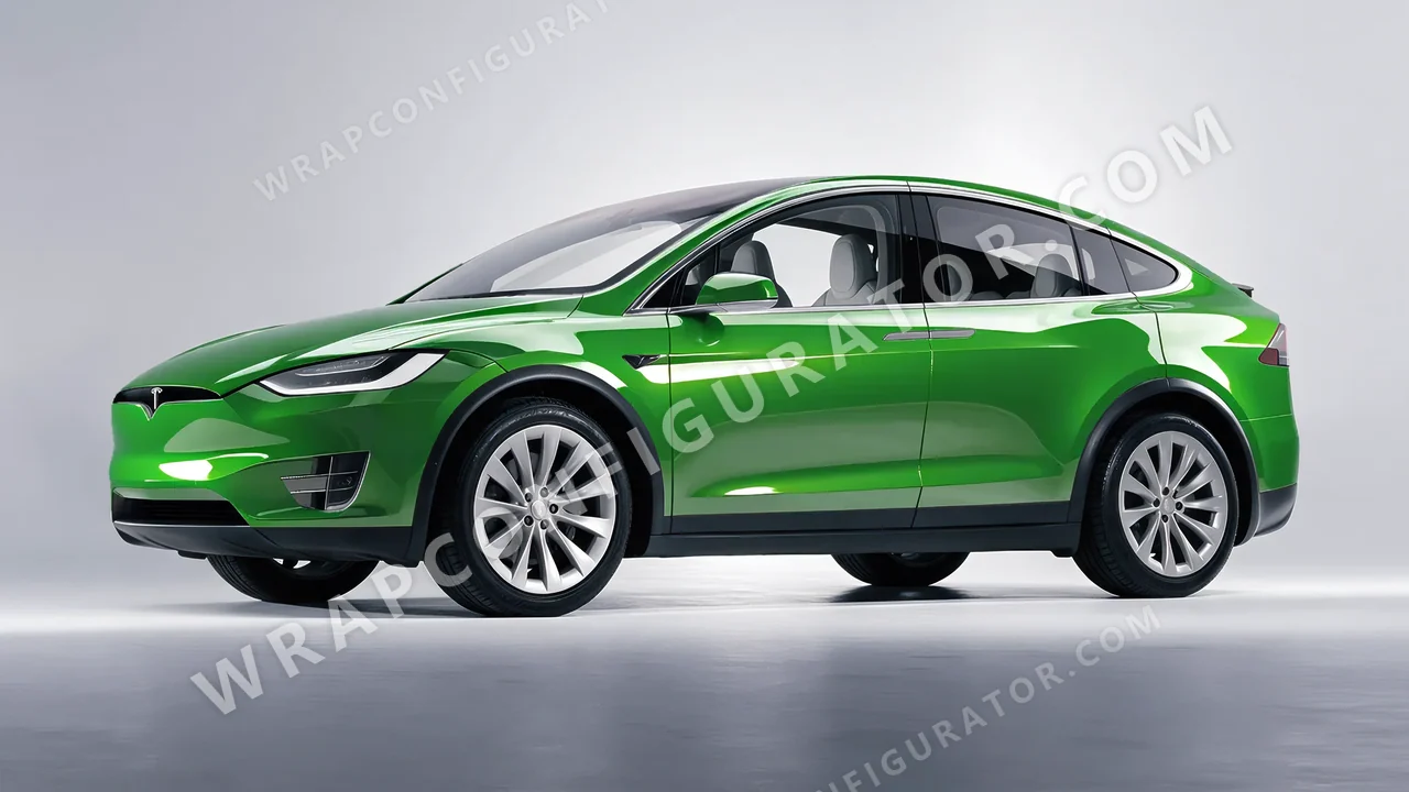 Green Tesla Model X 2017 wrapped in ORACAL Tree Green 970RA-486G