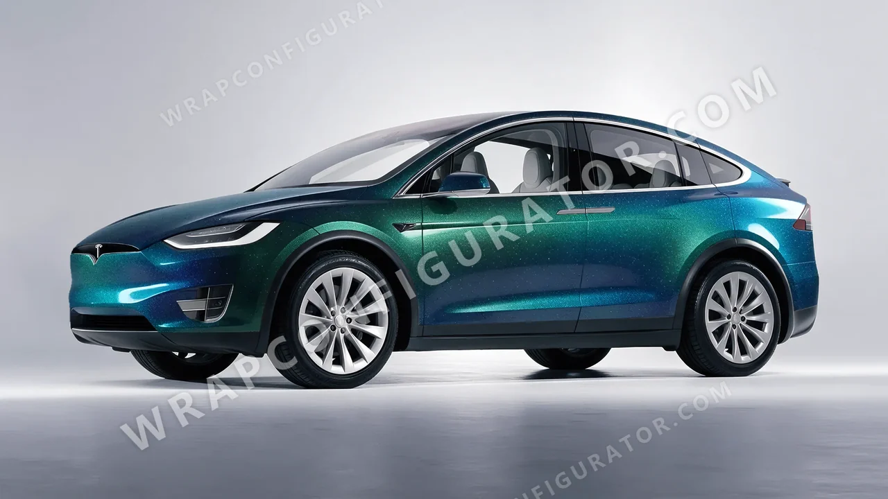 Grey Tesla Model X 2017 wrapped in ORACAL Thunderous Blue Green 970RA-851G