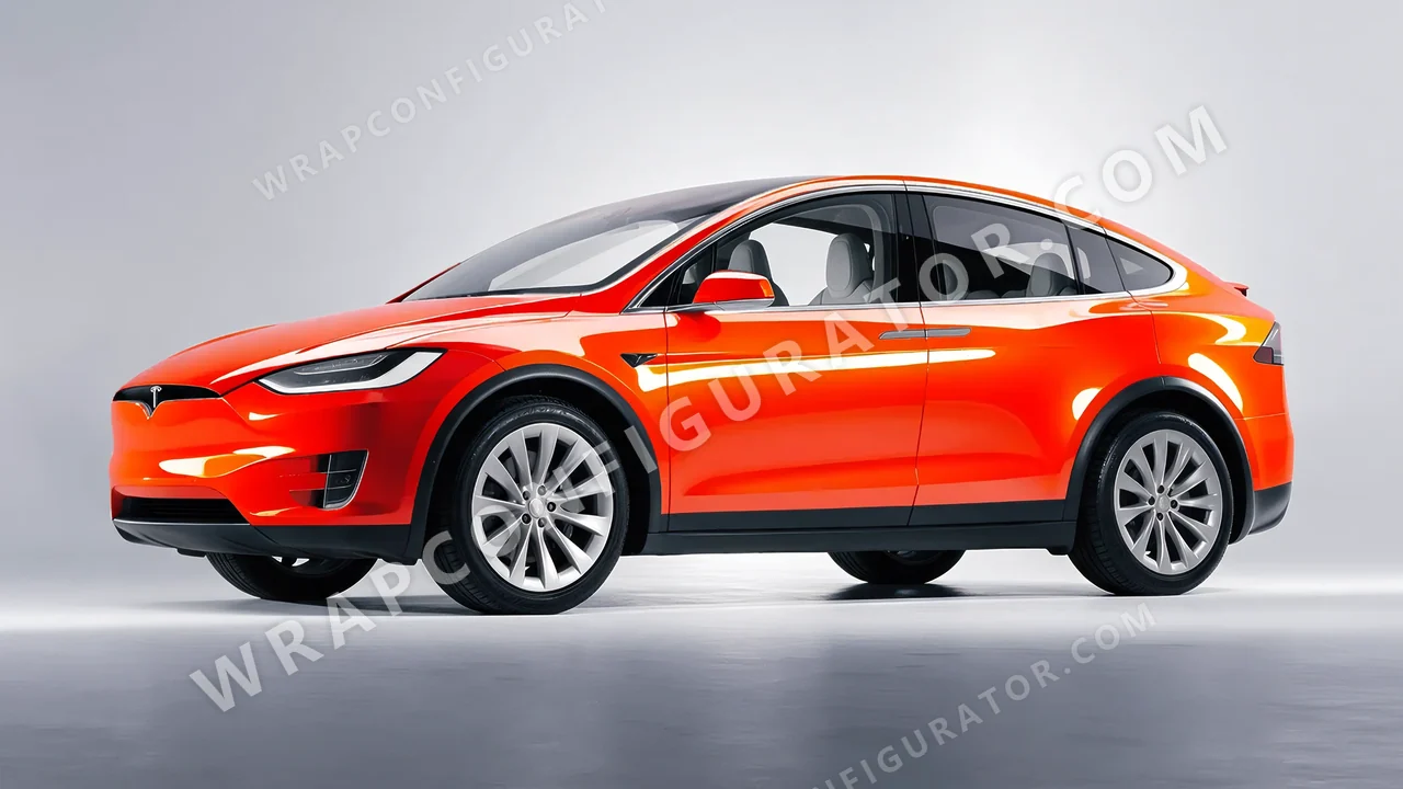 Orange Tesla Model X 2017 wrapped in Inozetek Dynamic PPF Student Driver Sungset Orange SD102