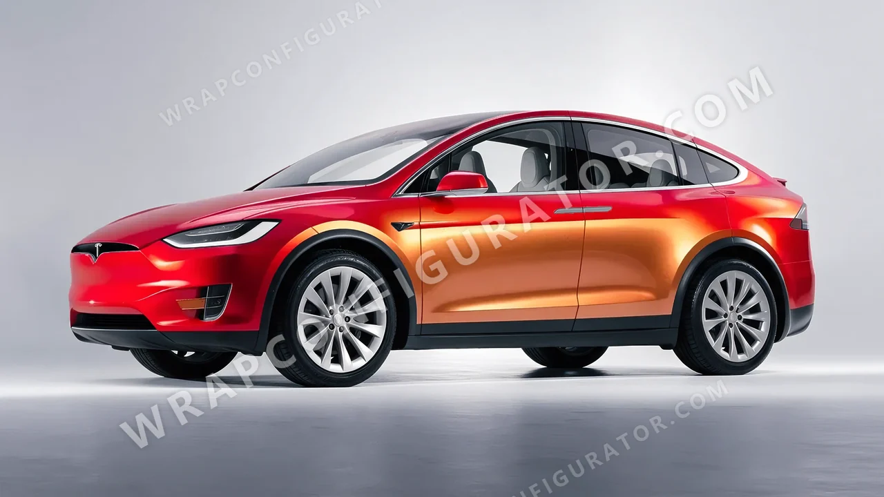 Orange Tesla Model X 2017 wrapped in ORACAL Gloss Sunset Shift 970RA-100G