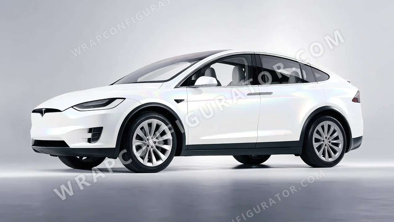 White Tesla Model X 2017 wrapped in 3M Satin Flip Ghost Pearl SP280